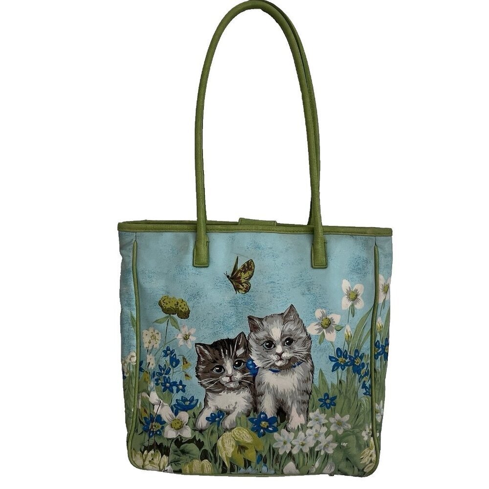 Vintage Avon 2002 Cat And Floral Butterfly Tote Bag Grannycore Purse Y2K Green